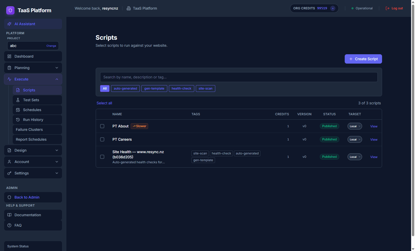 Script library — tags, versions, publish state, per-script credits.