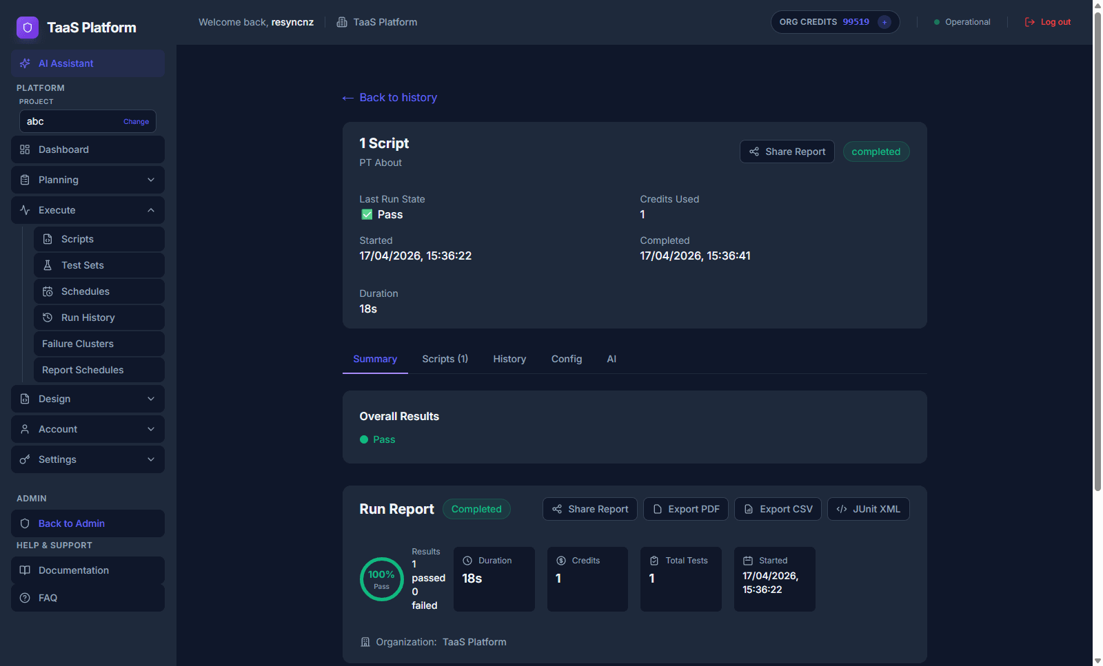 Run detail — pass state, duration, shareable PDF/CSV/JUnit exports.