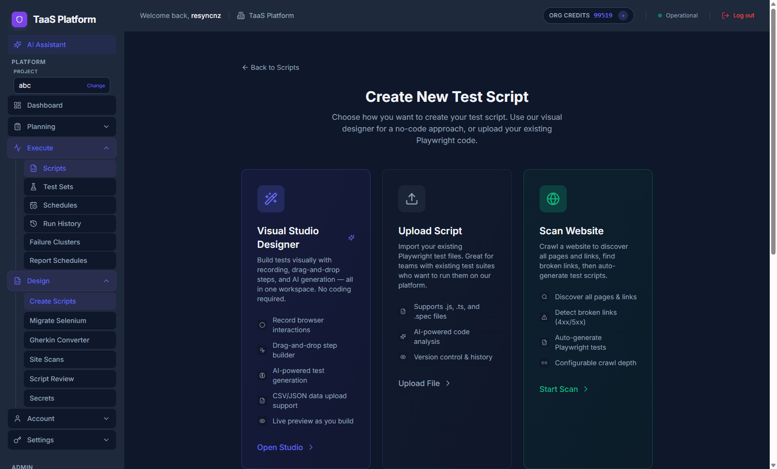 Three ways to build a test: visual designer, upload, or scan a website.