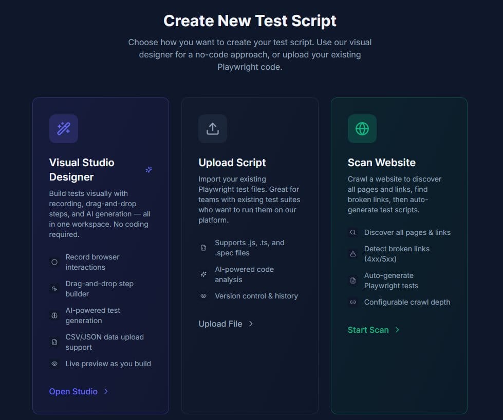Forge — create a test with the visual designer, an upload, or a site scan