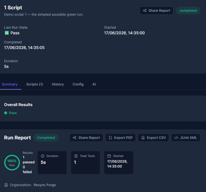 Forge — run report with pass results and exportable evidence