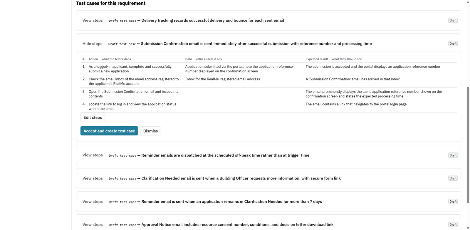 Nexus requirement workspace showing draft test cases with edit, accept and dismiss controls