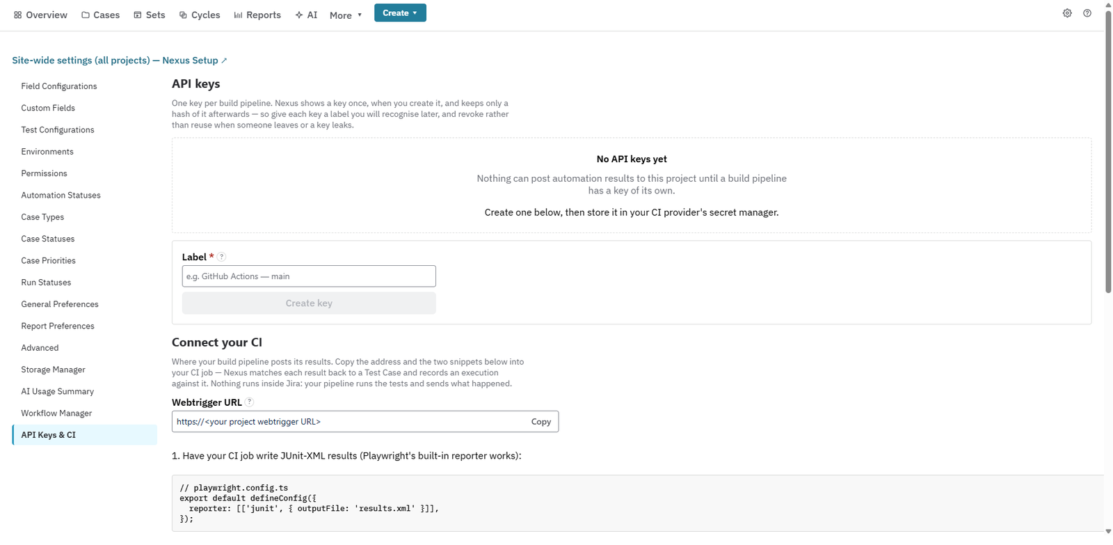 Nexus project settings showing CI API-key and supported result-format instructions