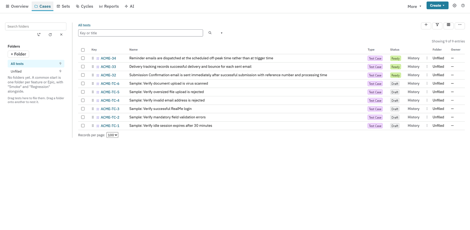 Nexus test repository showing Jira test cases organised in shared folders