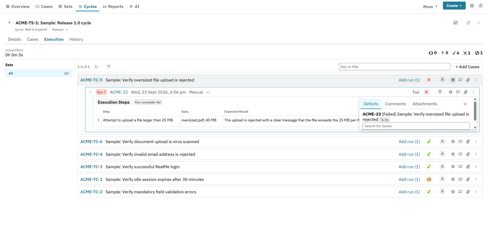 Nexus cycle execution screen showing a failed test run and its linked defect, sample project